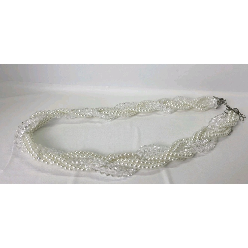 Vintage Faux Pearl and Crystal Multi Strand Twisted Torsade Necklace‎ White 20"